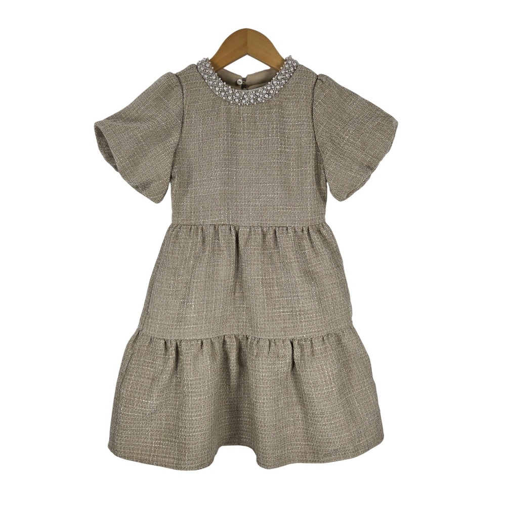Shop The Mint Girls Tan Tweed Pearl Neck Tiered Dress Size 7/8 Special Occasion
